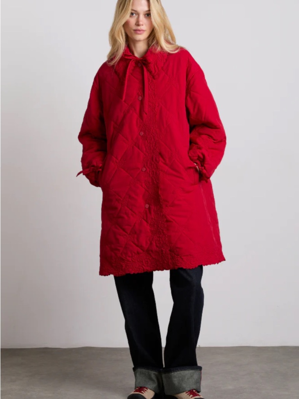 Oversized Red Quilted Puffer Coat with Tie Neck